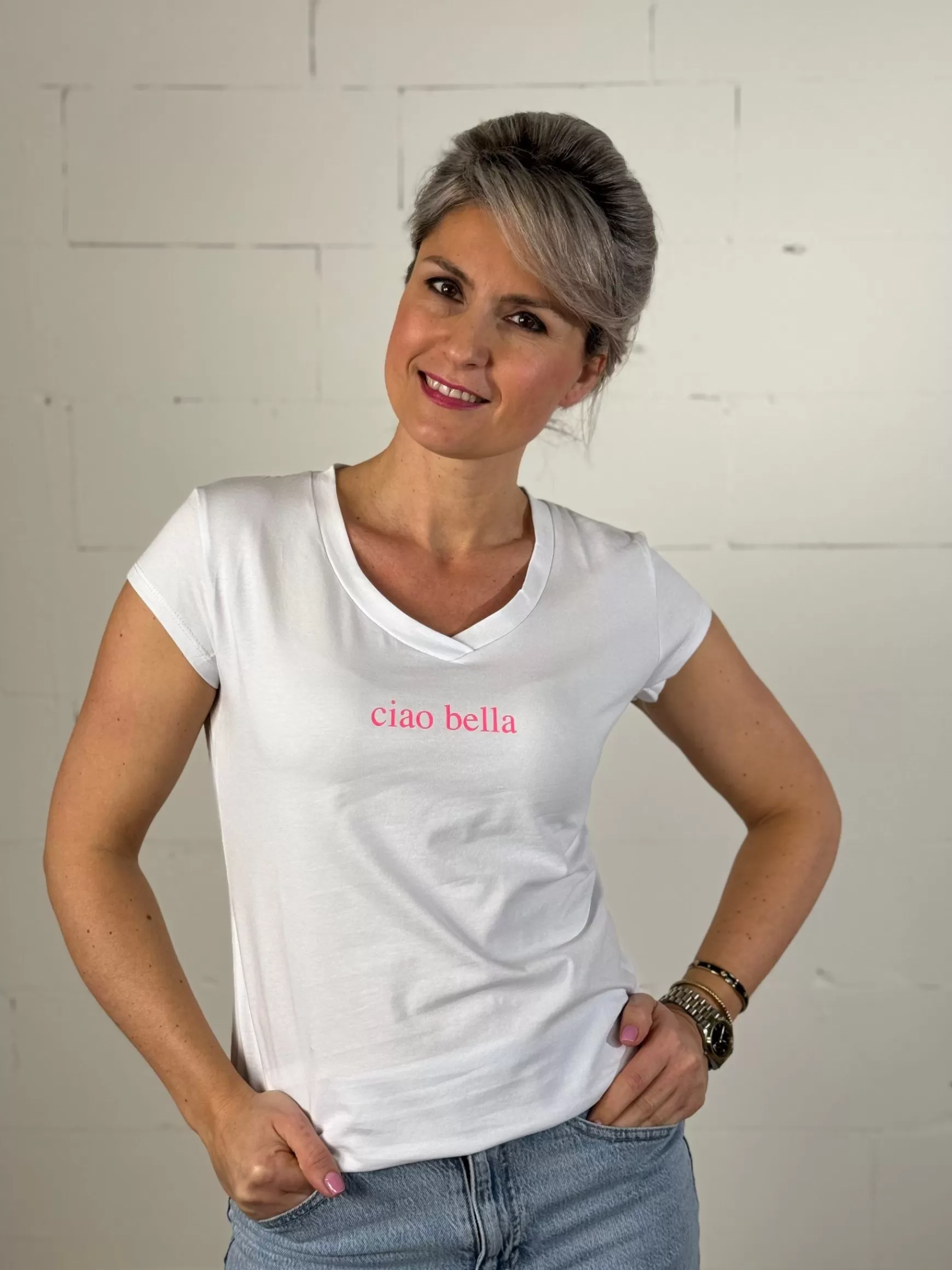 Trendz Shirtje Ciao Bella Wit Neon Roze Outlet