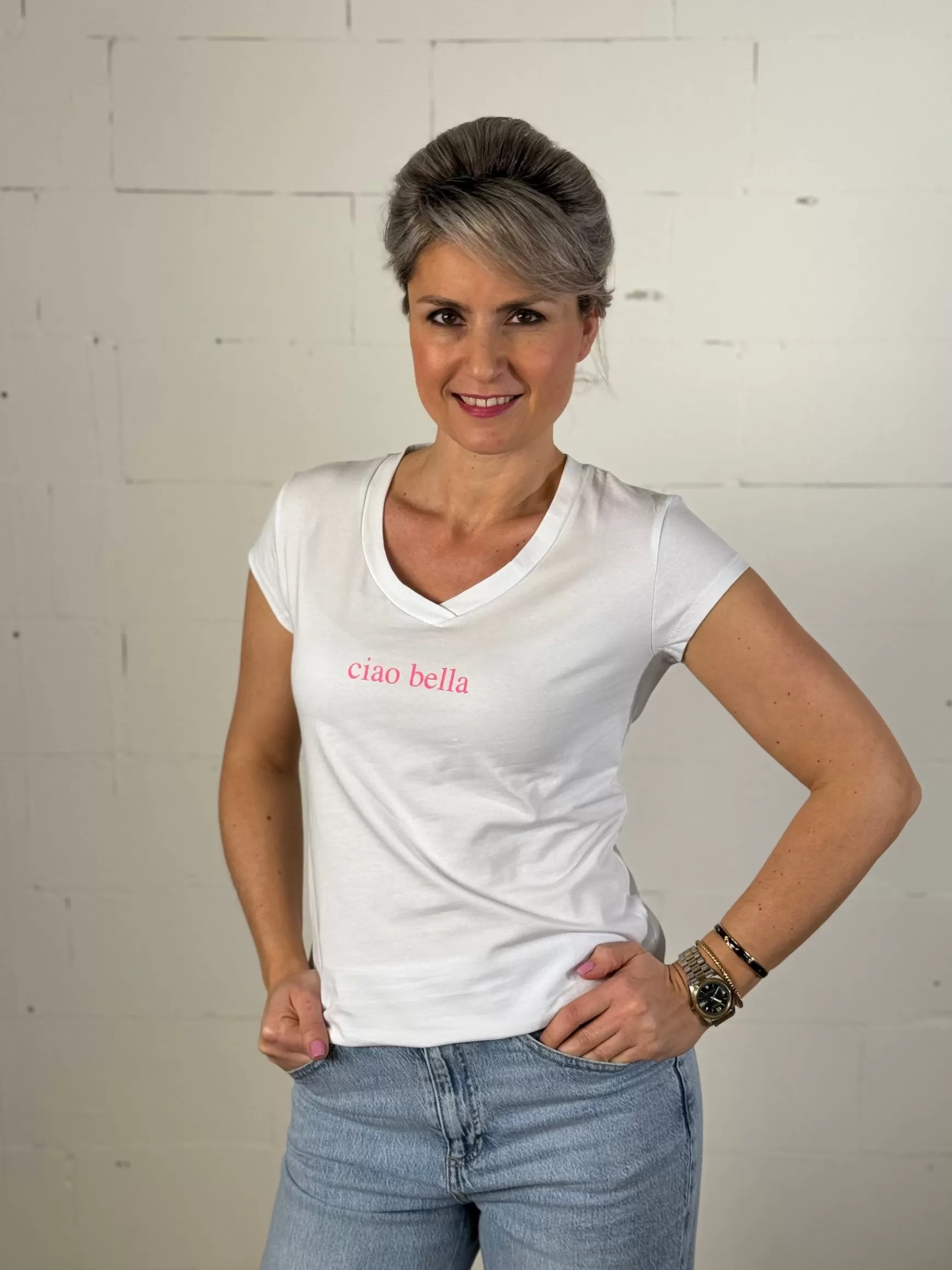 Trendz Shirtje Ciao Bella Wit Neon Roze Outlet