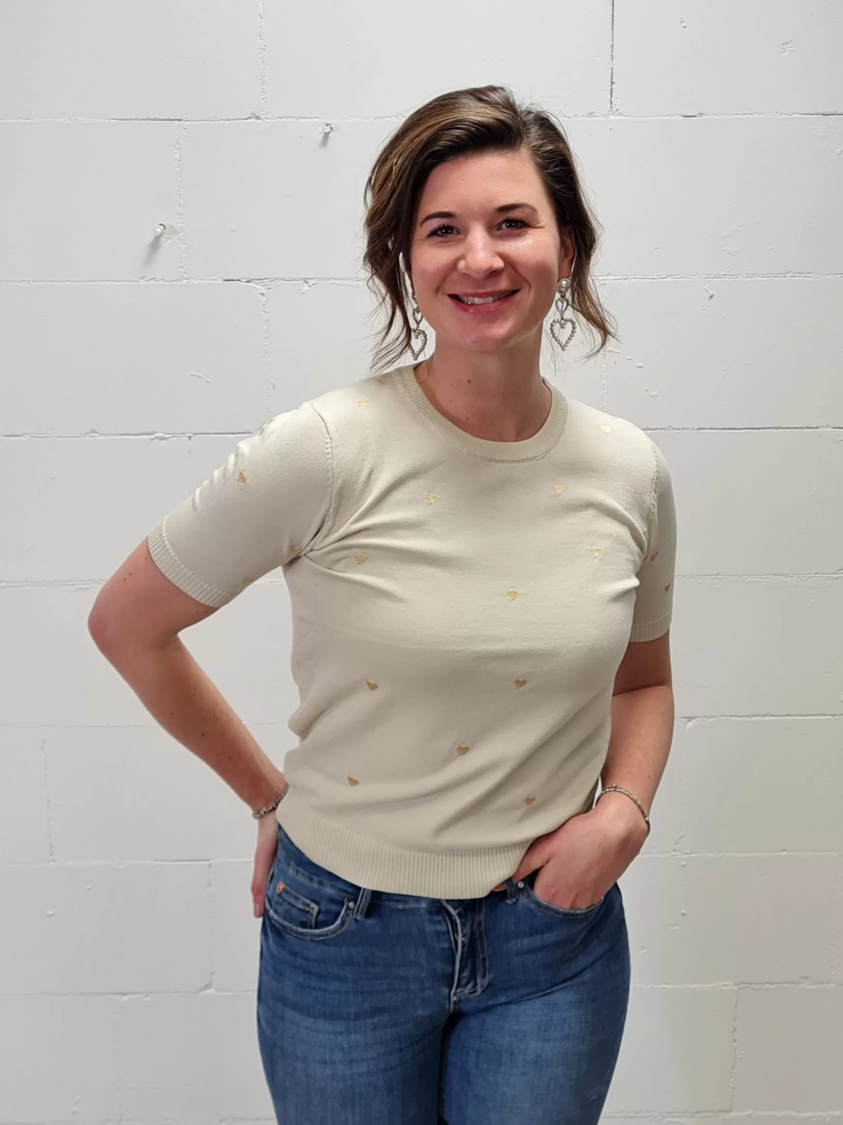 Trendz Shirtje Hearts Korte Mouwen Beige Clearance